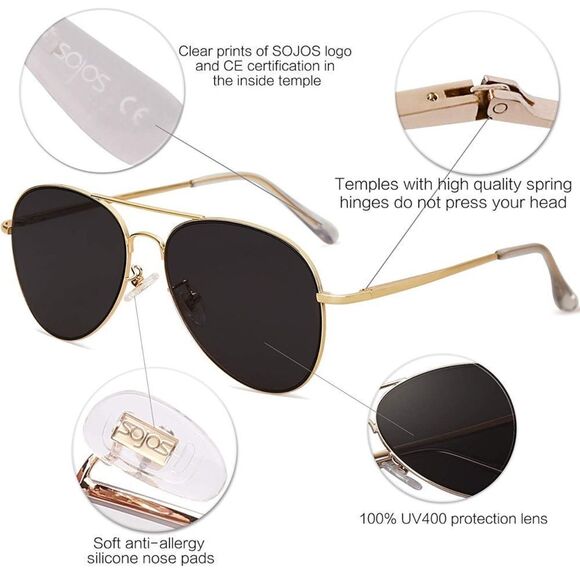 NIB SOJOS Classic Aviator Polarized Retro Style Sunglasses, Gold/Green - Picture 4 of 11